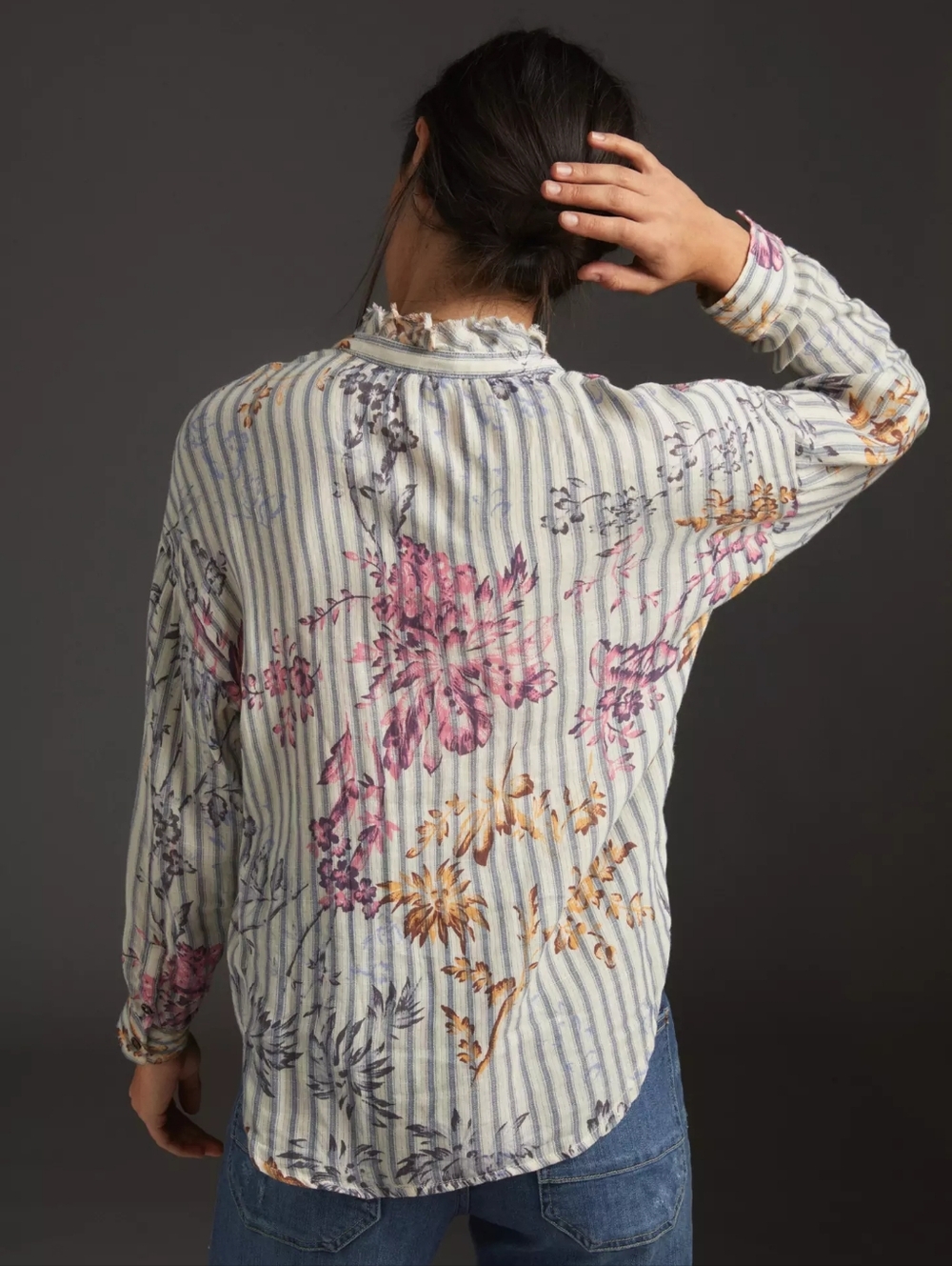 Pilcro Tavi Ruffled Striped Floral Button Down Top Cream Blue Anthropology 1X - Picture 4 of 16